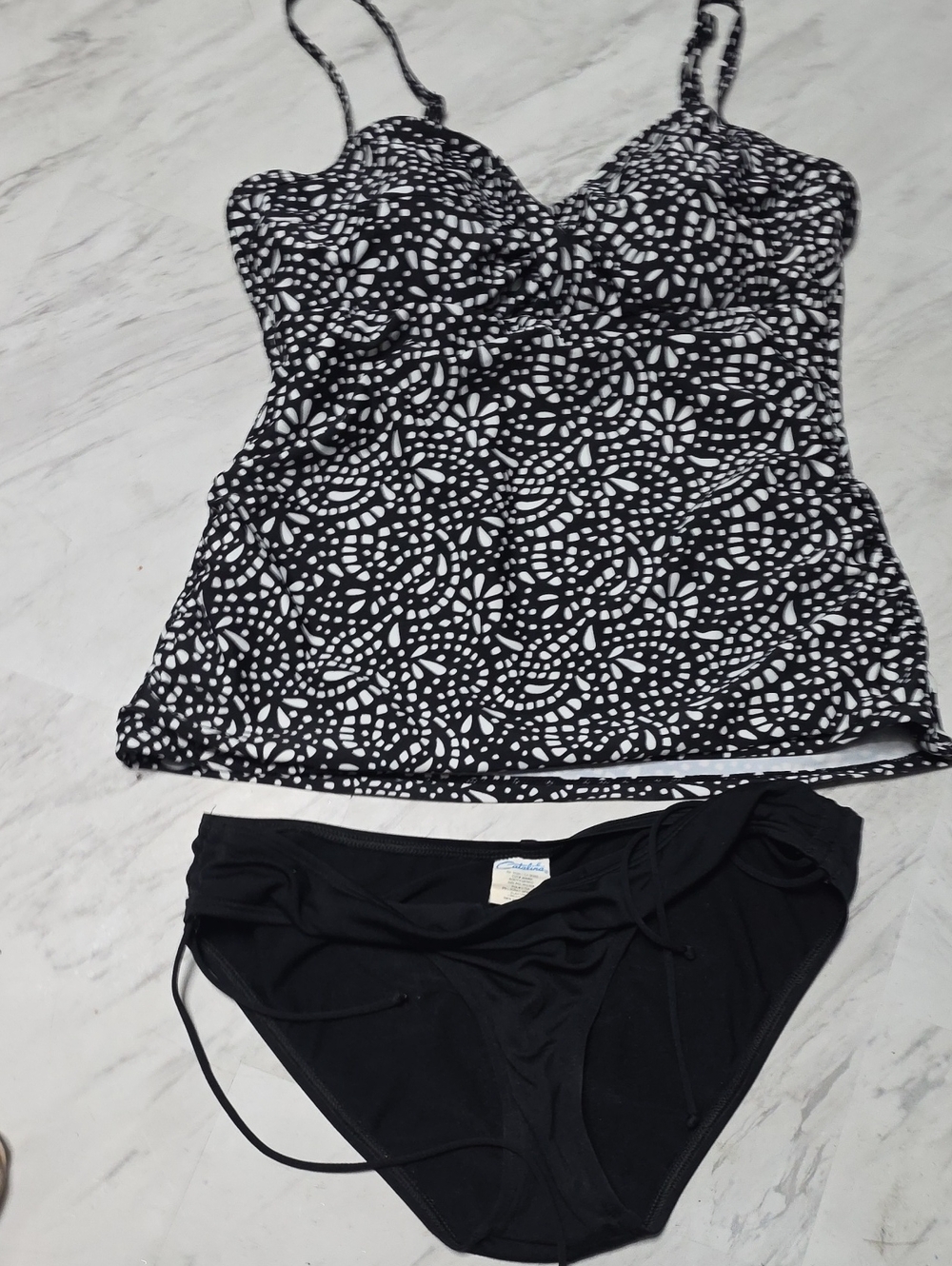 Catalina Black and White Printed Tankini with Black Bikini Bottoms